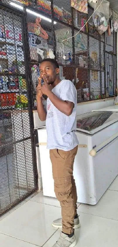 Person in a casual shop setting with vibrant colors.