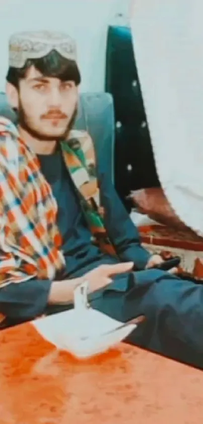 Man in traditional attire lounging on a couch, holding a device.