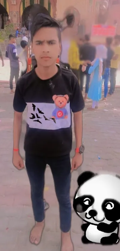 Casual wear with cartoon panda design on a street background.