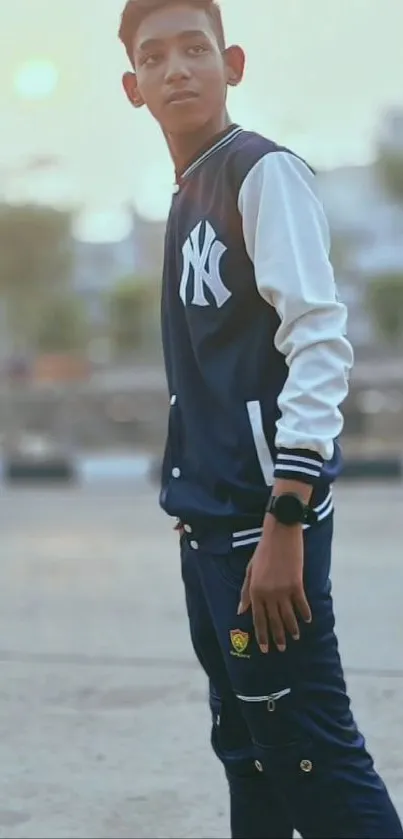 Young person in stylish navy and white athletic attire.