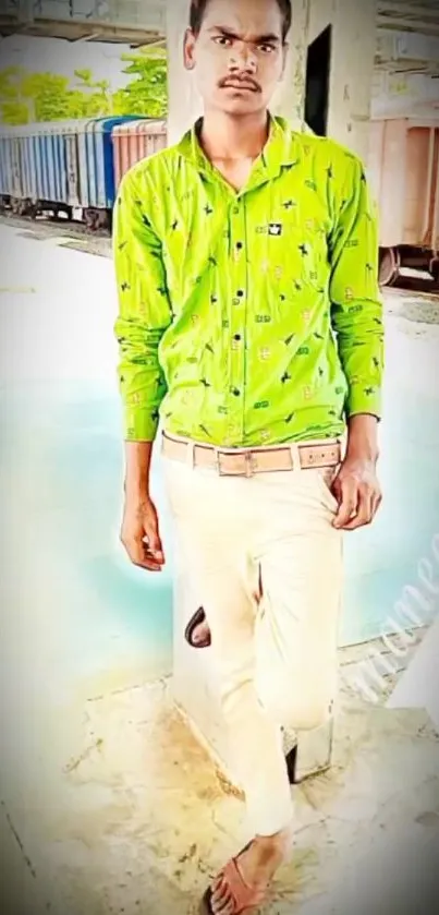 Man in green shirt posing in urban setting with relaxed style.