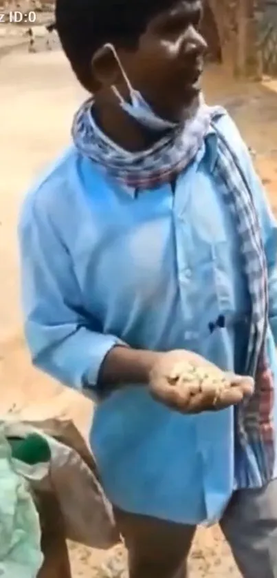 Street vendor in blue shirt, scarf holding items.