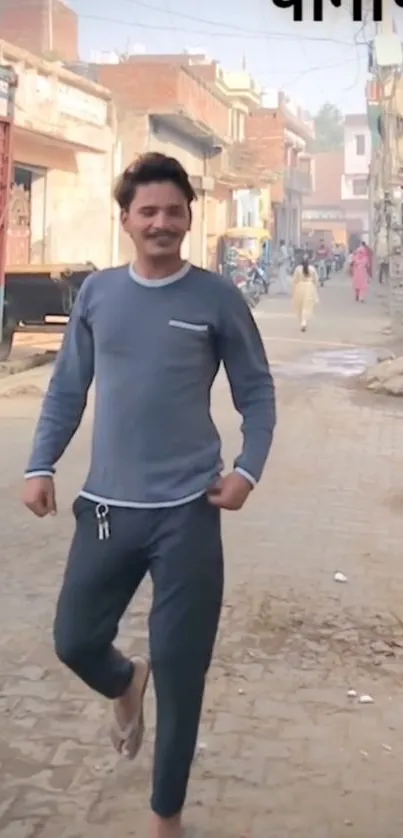 Person walking down a vibrant street, showcasing urban life.