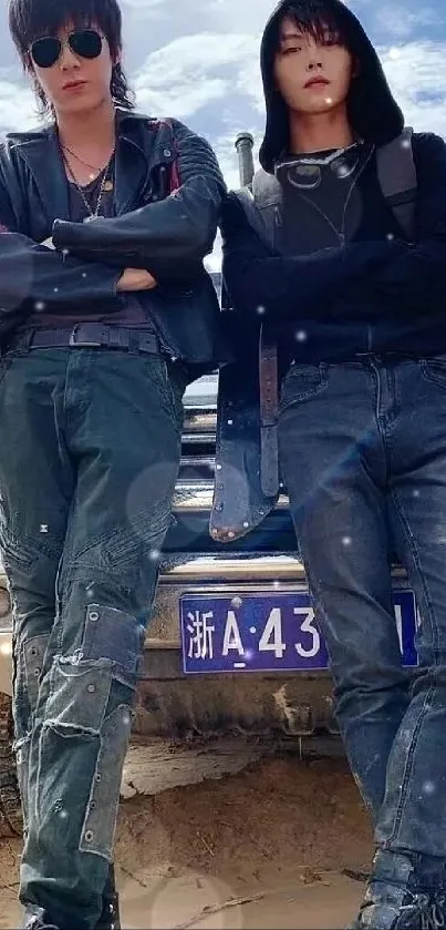 Two casually dressed individuals leaning against a rugged vehicle.