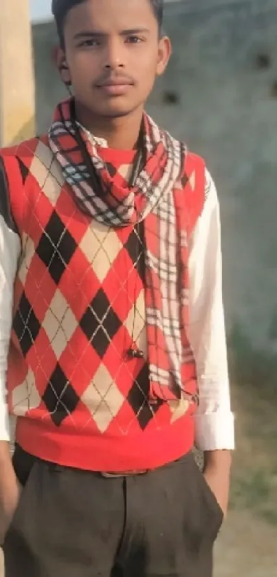 Young man in argyle sweater and plaid scarf outdoors.