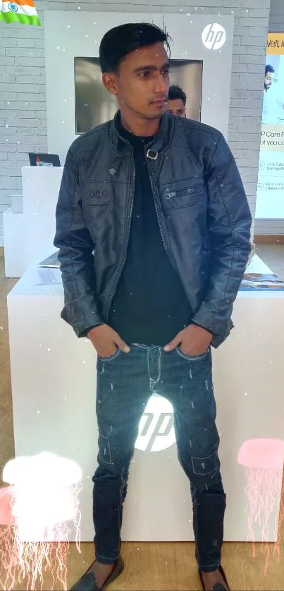 Man in leather jacket in tech store with digital effects.