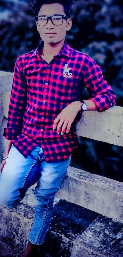 Young man in red checkered shirt and jeans on a stone bridge.