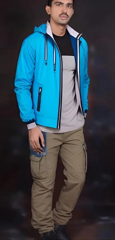 Man in blue jacket with casual style on dark background