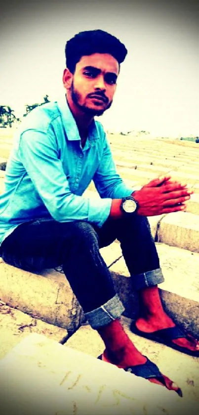 Man in blue shirt sitting on steps with natural background.