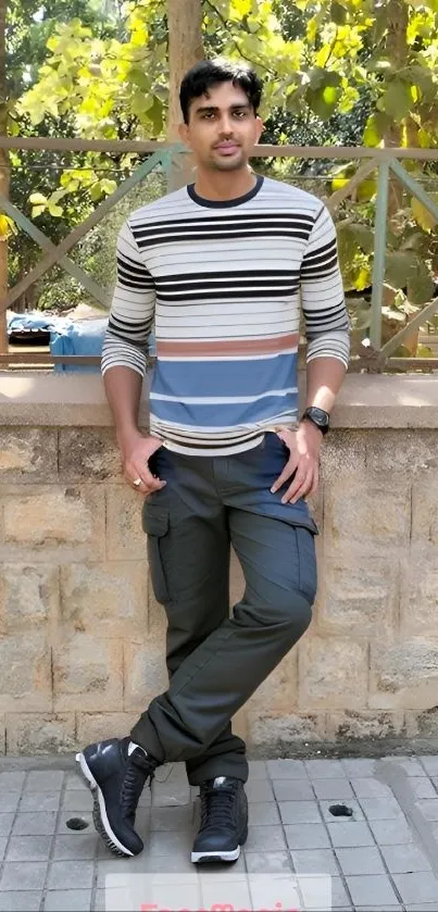 Man in casual attire leaning against a wall outdoors.