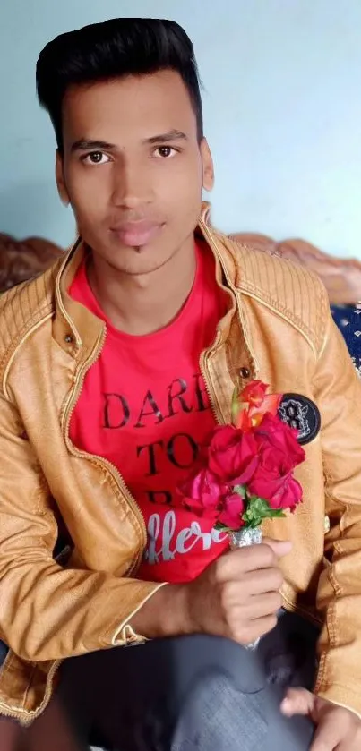 Man holding red roses in casual attire, seated on ornate sofa.