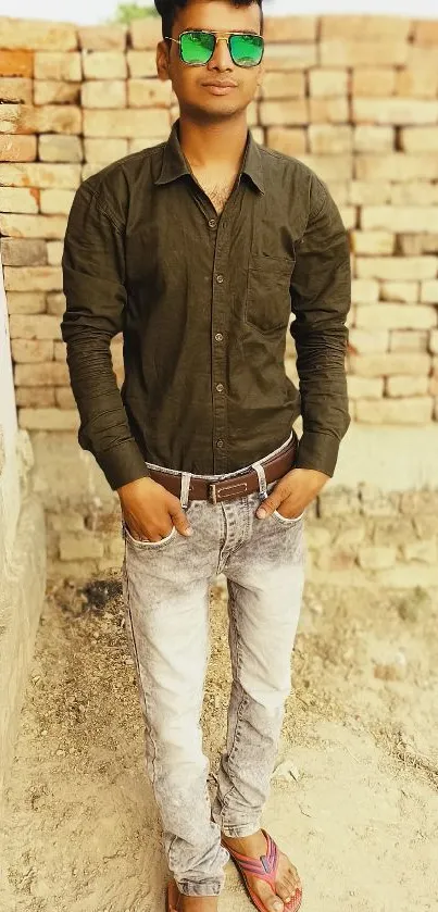 Stylish man with sunglasses and a casual outfit against a brick wall background.