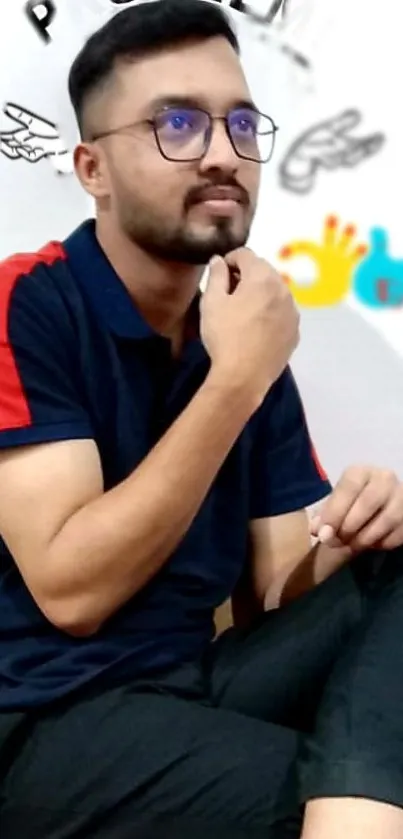 Casual man in navy shirt sitting with colorful wall art background.