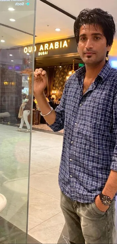 Young man in blue checkered shirt standing in a modern mall.