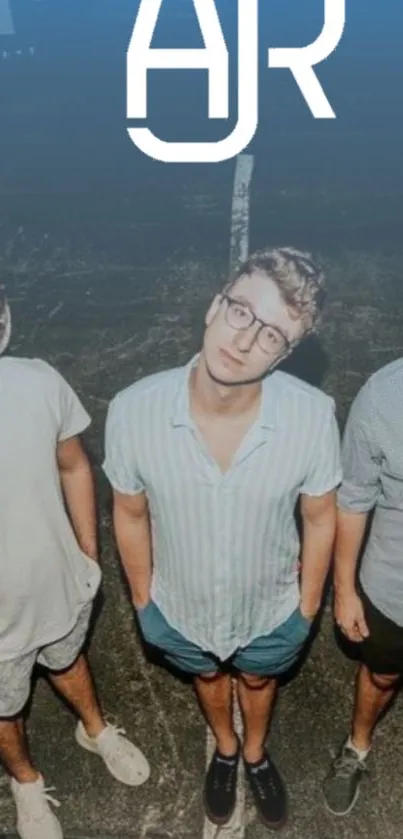 Three casually dressed individuals stand on asphalt under a blue gradient sky.