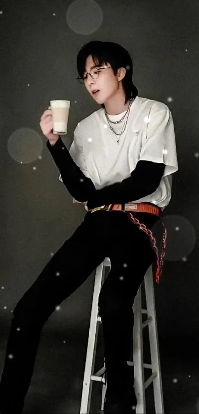 Young man on stool, casual wear, holding coffee.