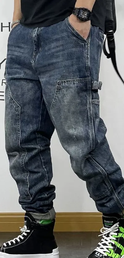 Person wearing denim joggers and sneakers in urban style.