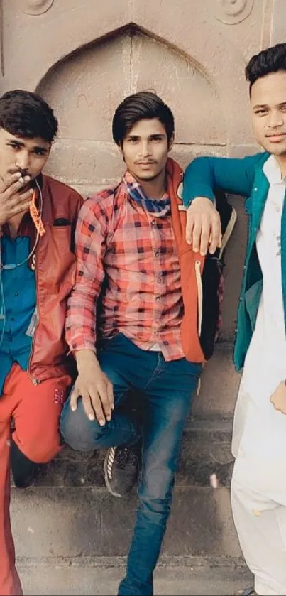 Three stylish friends posing in urban fashion against a rustic wall.