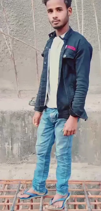 Man in a casual denim outfit standing on a metal grid.