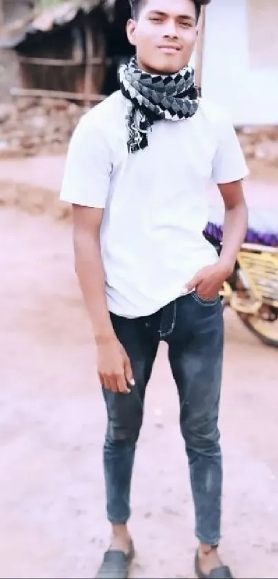 Youth in casual attire with white shirt and denim jeans, standing stylishly.