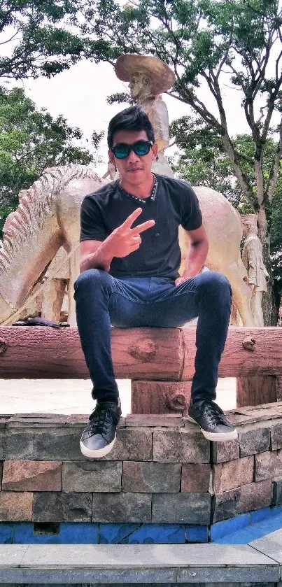 Man in sunglasses sits casually in an urban park with trees and statues.