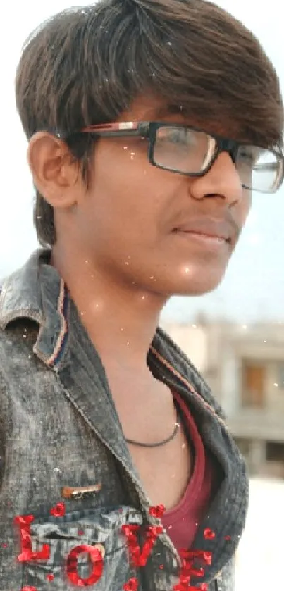 Portrait of a young man in denim, on a rooftop with urban scenery.