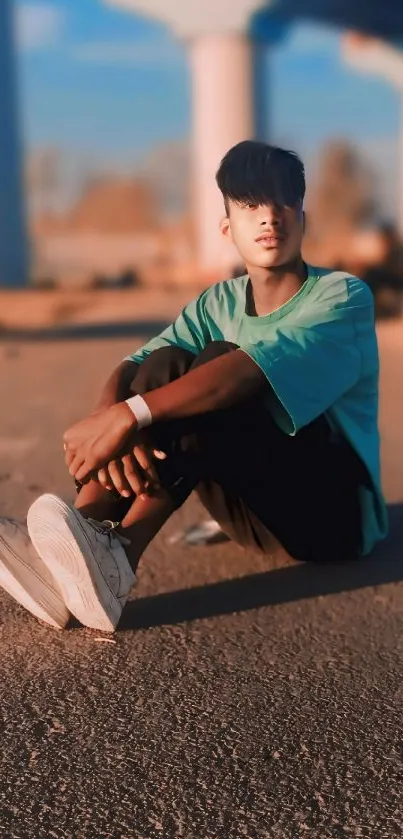 Casual portrait of a young man sitting on a sunlit road.