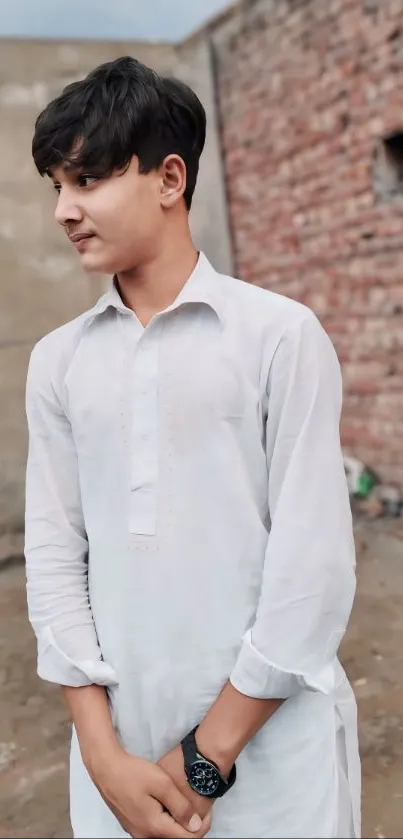 Young individual in traditional attire with brick wall backdrop.