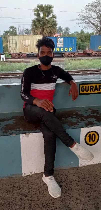 Man in casual attire at railway station with containers in background.