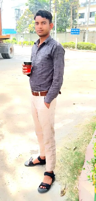 Casual man with cup in urban setting, beige and gray tones.