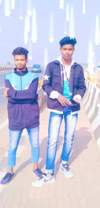 Two young individuals in urban street style on a sunny bridge.