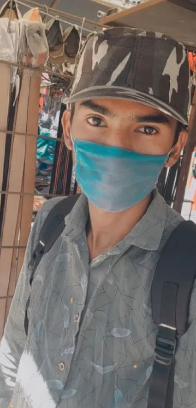 Young person in casual attire with camo cap and blue mask.