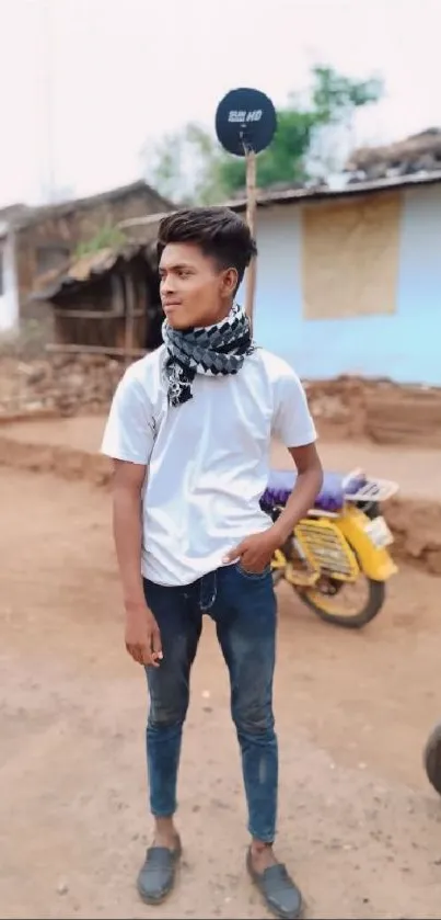 Young man in casual attire standing on street, urban backdrop.