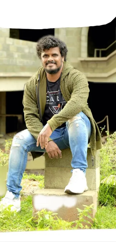 Man in green jacket sitting outdoors on stone block.