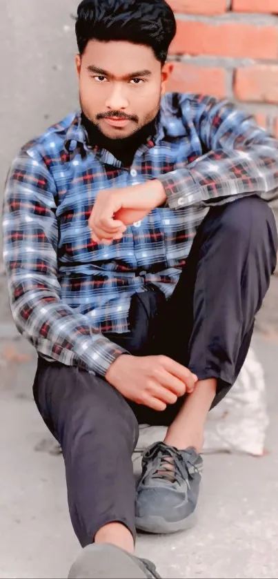 Man in plaid shirt sitting against a brick wall.