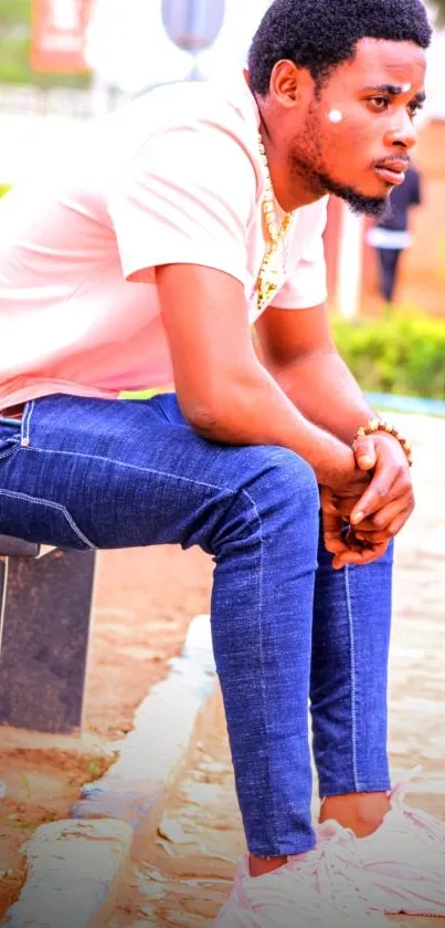 Casual urban man sitting on a bench in a stylish outfit.