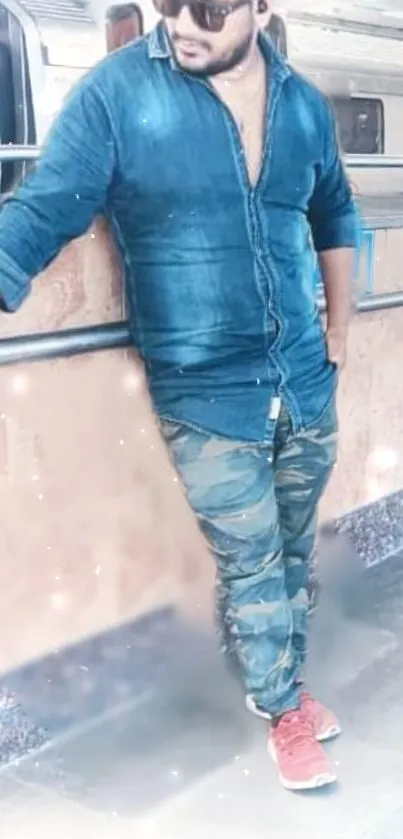 Man in denim and camouflage standing in a subway with a stylish urban vibe.