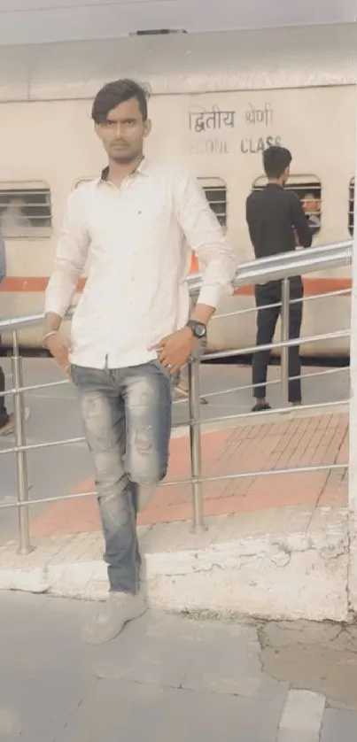 Young person in casual attire at a train station.