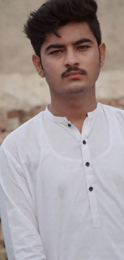 Young man in white shirt with brick background, mobile wallpaper.