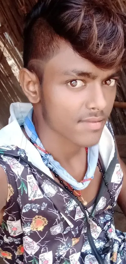 Young man in casual attire with rustic background.