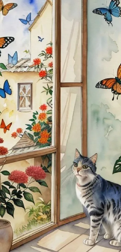 Watercolor art of a cat with butterflies by a window.