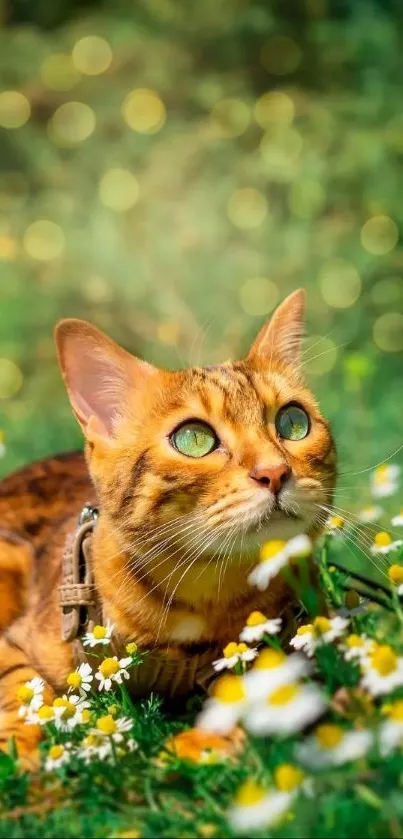 Mobile wallpaper of a cat with green eyes among white daisies on a green field.