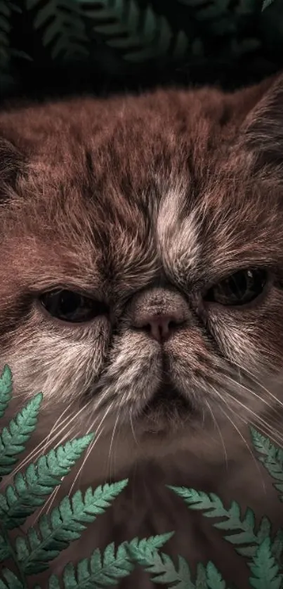 Grumpy cat surrounded by green ferns.