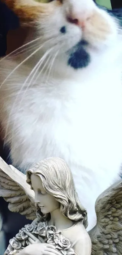 Mobile wallpaper of a cat with an angel statue in the foreground.