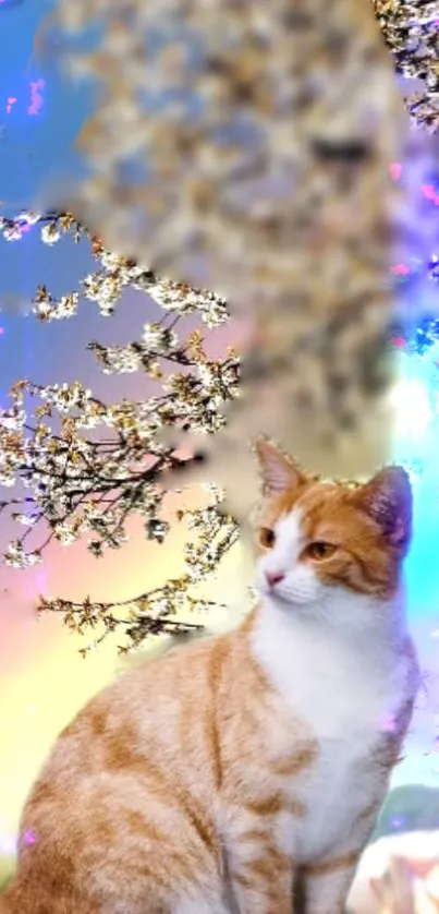 Cat sitting under blossoming tree with colorful sky.