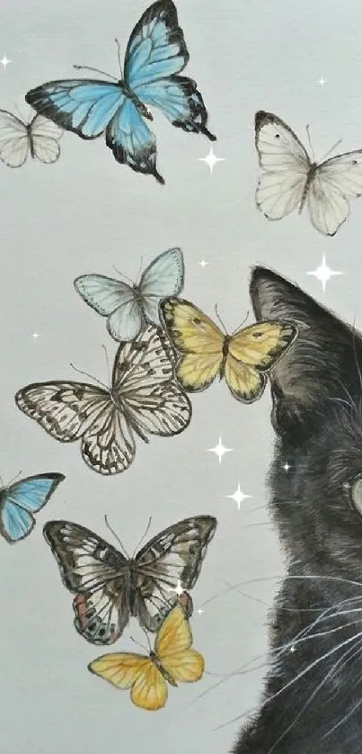 Black cat with butterflies art wallpaper on phone screen.