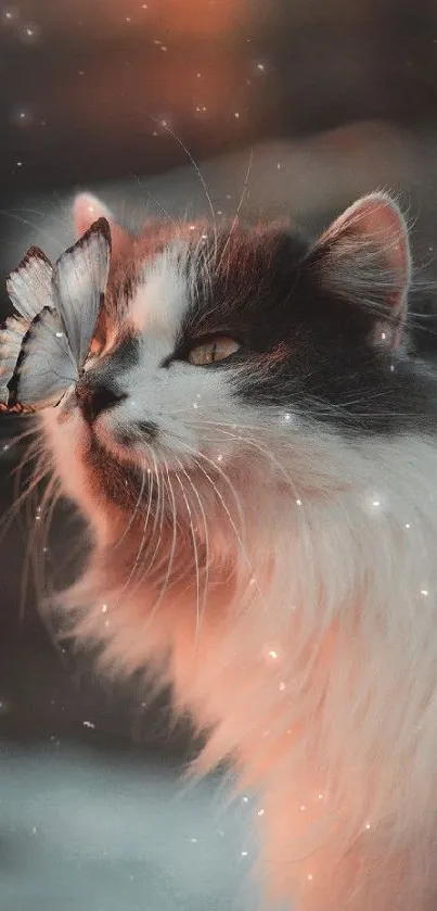 Fluffy cat mesmerized by a butterfly.