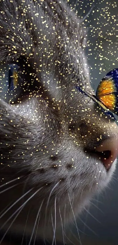 Close-up of a cat with butterfly on nose reflecting in glass.