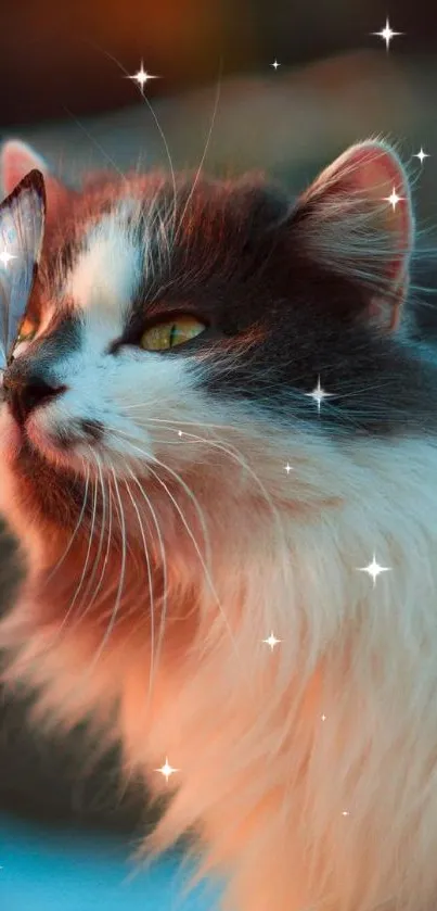 Fluffy cat with butterfly in warm evening light.