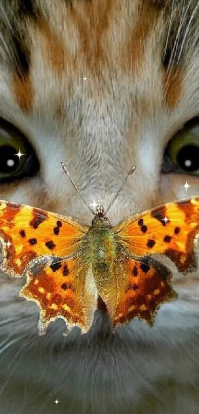 Close-up of cat's eyes with butterfly on nose.